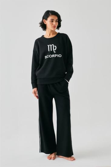 Hkursat Kadın Siyah Akrep Burcu Oversize 2 İplik Eşofman Ev Giyim Takımı