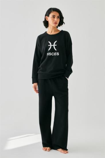 Hkursat Kadın Siyah Balık Burcu Oversize 2 İplik Eşofman Ev Giyim Takımı