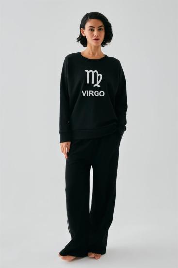 Hkursat Kadın Siyah Başak Burcu Oversize 2 İplik Eşofman Ev Giyim Takımı