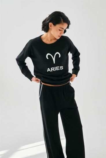 Hkursat Kadın Siyah Koç Burcu Oversize 2 İplik Eşofman Ev Giyim Takımı
