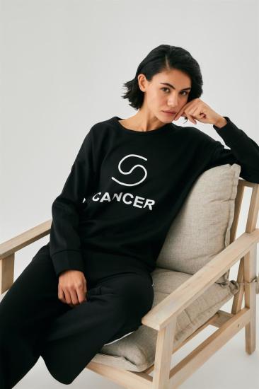 Hkursat Kadın Siyah Yengeç Burcu Oversize 2 İplik Eşofman Ev Giyim Takımı