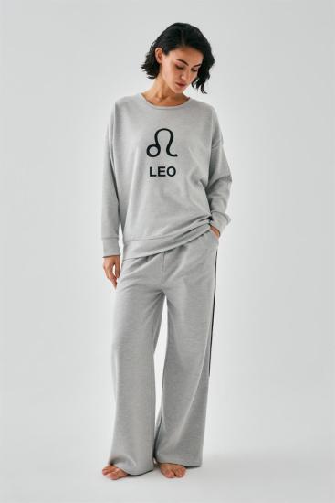 Hkursat Kadın Gri Aslan Burcu Oversize 2 İplik Eşofman Ev Giyim Takımı