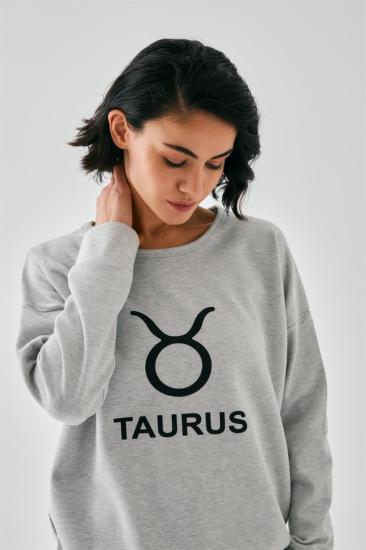 Hkursat Kadın Gri Boğa Burcu Oversize 2 İplik Eşofman Ev Giyim Takımı