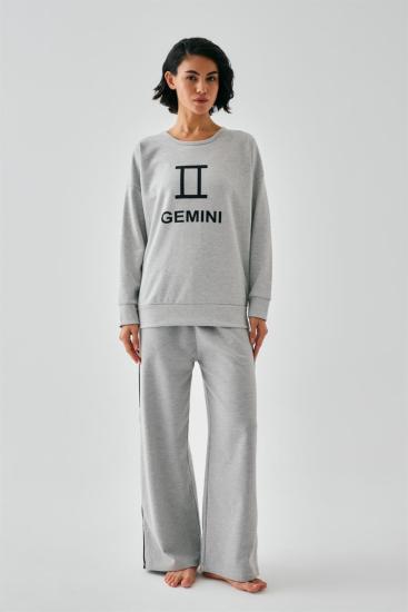 Hkursat Kadın Gri İkizler Burcu Oversize 2 İplik Eşofman Ev Giyim Takımı