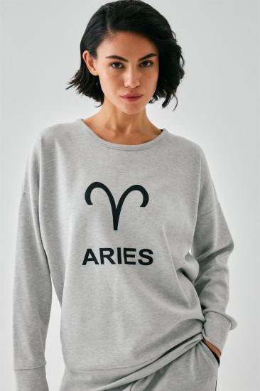 Hkursat Kadın Gri Koç Burcu Oversize 2 İplik Eşofman Ev Giyim Takımı