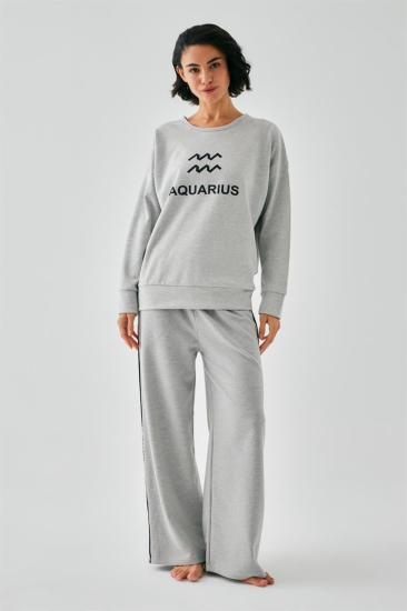 Hkursat Kadın Gri Kova Burcu Oversize 2 İplik Eşofman Ev Giyim Takımı