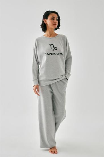 Hkursat Kadın Gri Oğlak Burcu Oversize 2 İplik Eşofman Ev Giyim Takımı