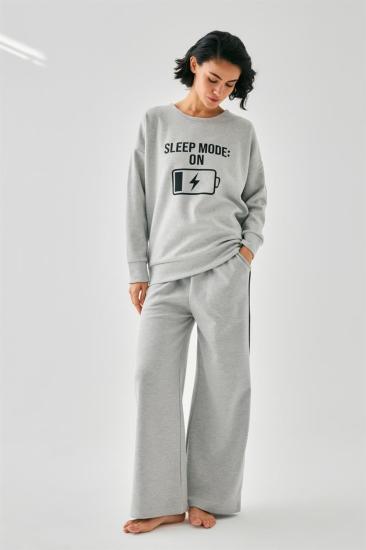 Hkursat Kadın Gri Sleep Mode ON Oversize 2 İplik Eşofman Ev Giyim Takımı