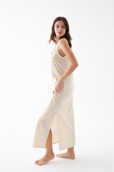 Hkursat Kadın Sarı Çizgili Askılı Uzun Gecelik