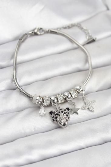 Hkursat Pirinç Gümüş Renk Kaplan Model Charmlı Kadın Bileklik