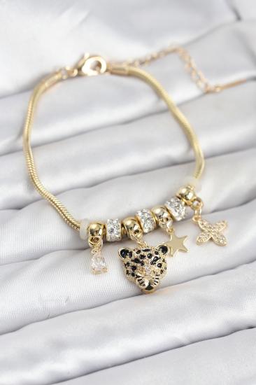 Hkursat Pirinç Gold Renk Kaplan Model Charmlı Kadın Bileklik