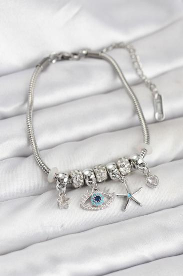 Hkursat Pirinç Gümüş Renk Göz Model Charmlı Kadın Bileklik