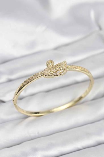 Hkursat Pirinç Gold Renk Zirkon Taşlı Kuğu Model Kadın Kelepçe Bileklik