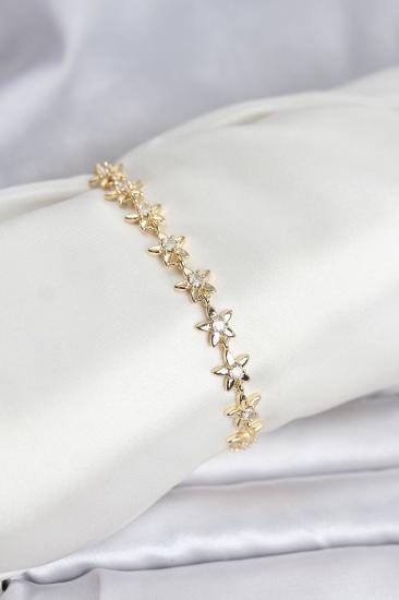 Hkursat Pirinç Gold Renk VIP Seri Sıralı Taşlı Yıldız Model Zirkon Taşlı Kadın Bileklik