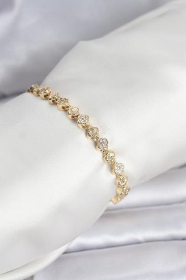 Hkursat Pirinç Gold Renk VIP Seri Sıralı Yonca Model Zirkon Taşlı Kadın Bileklik