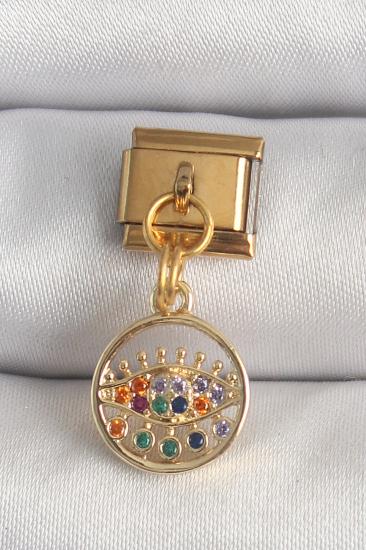 Hkursat 316L Çelik Gold Renk Sallantı Renkli Zirkon Taşlı Göz Model Nomination Charm