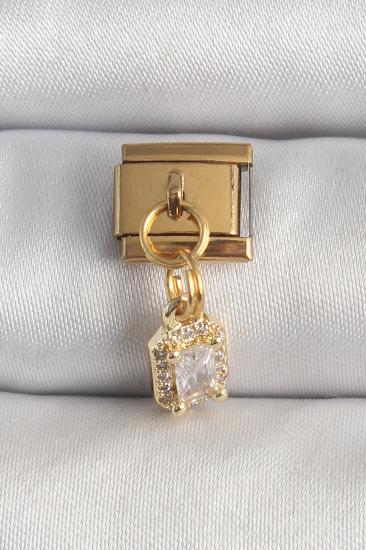 Hkursat 316L Çelik Gold Renk Sallantı Zirkon Taşlı Kare Model Nomination Charm