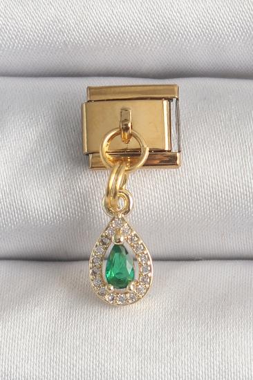 Hkursat 316L Çelik Gold Renk Sallantı Damla Yeşil Zirkon Taşlı Nomination Charm
