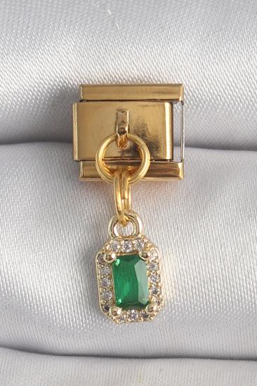 Hkursat 316L Çelik Gold Renk Sallantı Kare Yeşil Zirkon Taşlı Nomination Charm