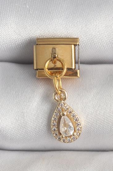 Hkursat 316L Çelik Gold Renk Sallantı Damla Zirkon Taşlı Nomination Charm
