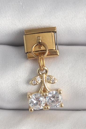 Hkursat 316L Çelik Gold Renk Sallantı Zirkon Taşlı Kiraz Model Nomination Charm