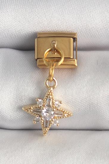 Hkursat 316L Çelik Gold Renk Sallantı Zirkon Taşlı Kutup Yıldız Model Nomination Charm