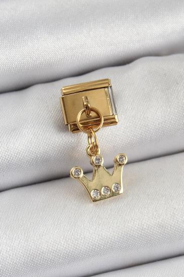 Hkursat 316L Çelik Sallantılı Zirkon Taşlı Kraliçe Tacı Model Gold Renk Nomination Charm