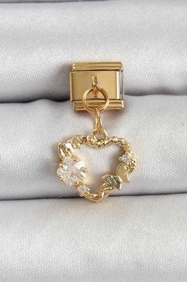 Hkursat 316L Çelik Sallantılı Zirkon Taşlı Kalp Model Gold Renk Nomination Charm