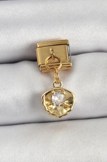 Hkursat 316L Çelik Sallantılı Zirkon Taşlı İstiridye Model Gold Renk Nomination Charm