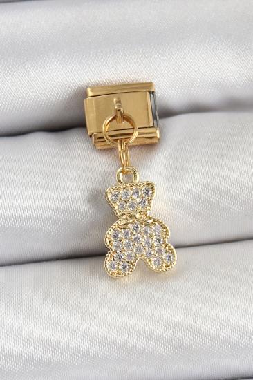 Hkursat 316L Çelik Sallantılı Zirkon Taşlı Ayıcık Model Gold Renk Nomination Charm