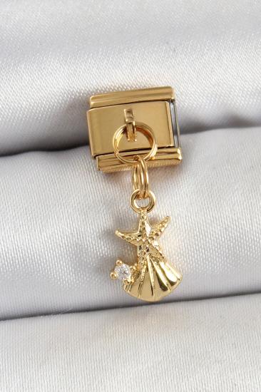Hkursat 316L Çelik Sallantılı Zirkon Taşlı Deniz Yıldızı Ve İstiridye Model Gold Renk Nomination Charm