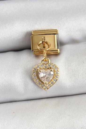 Hkursat 316L Çelik Sallantılı Zirkon Taşlı Kalp Model Gold Renk Nomination Charm