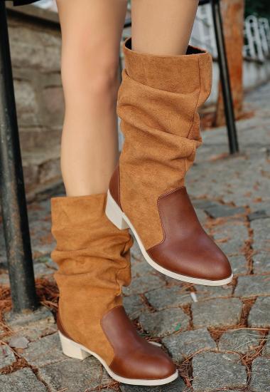 Bluefeet Taba Cilt Süet Detaylı Kadın Topuklu Çizme