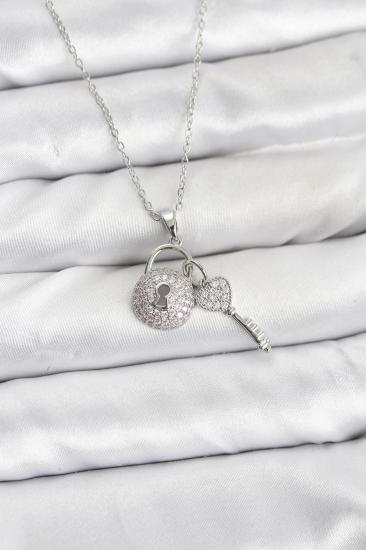 Hkursat 316L Çelik Zincir Gümüş Renk Kilit Anahtar Model Zirkon Taşlı Kadın Kolye