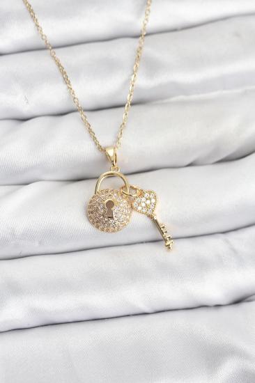 Hkursat 316L Çelik Zincir Gold Renk Kilit Anahtar Model Zirkon Taşlı Kadın Kolye