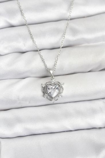 Hkursat 316L Çelik Zincir Gümüş Renk Kalp Model Zirkon Taşlı Kadın Kolye