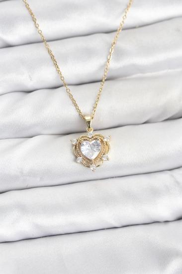 Hkursat 316L Çelik Zincir Gold Renk Kalp Model Zirkon Taşlı Kadın Kolye