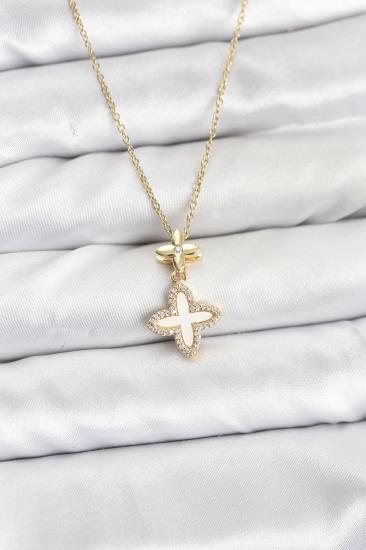 Hkursat 316L Çelik Zincir Gold Renk 4 Yapraklı Yonca Model Zirkon Taşlı Kadın Kolye