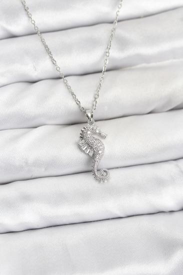 Hkursat 316L Çelik Zincir Gümüş Renk Deniz Atı Model Zirkon Taşlı Kadın Kolye