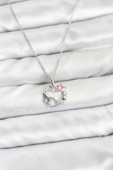 Hkursat 316L Çelik Zincir Gümüş Renk Pembe Taş Detaylı Çelenk Model Kadın Kolye