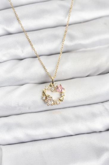 Hkursat 316L Çelik Zincir Gold Renk Pembe Taş Detaylı Çelenk Model Kadın Kolye