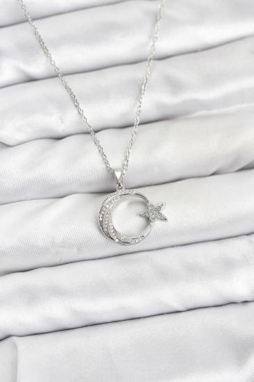 Hkursat 316L Çelik Zincir Gümüş Renk Ay Yıldız Model Zirkon Taşlı Kadın Kolye