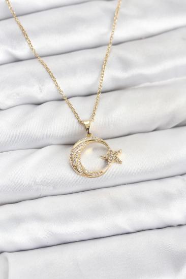 Hkursat 316L Çelik Zincir Gold Renk Ay Yıldız Model Zirkon Taşlı Kadın Kolye