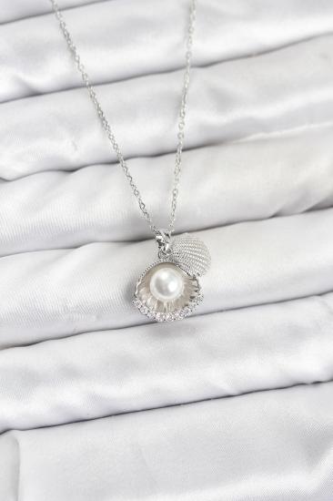 Hkursat 316L Çelik Zincir Gümüş Renk İncili Deniz Kabuğu Model Zirkon Taşlı Kadın Kolye