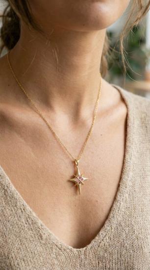 Hkursat 316L Çelik Gold Renk Zirkon Taşlı Kutup Yıldızı Model Kadın Kolye