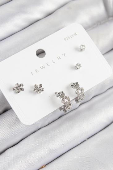 Hkursat Pirinç Zirkon Taşlı Halka Model Gümüş Renk 925 Ayar Gümüş Çivi Kadın Küpe Set