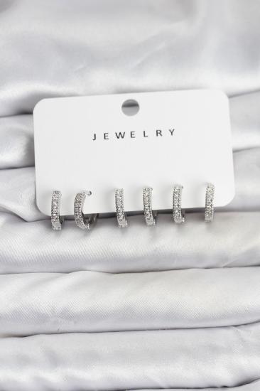 Gümüş Renk Hkursat Pirinç Zirkon Taşlı Halka Kadın Küpe Seti