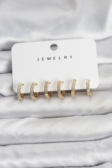 Gold Renk Hkursat Pirinç Zirkon Taşlı Halka Kadın Küpe Seti