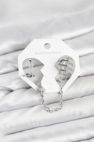 Hkursat Pirinç Gümüş Renk Sarmal Model Zincir Bağlantılı Ear Cuff Küpe Seti