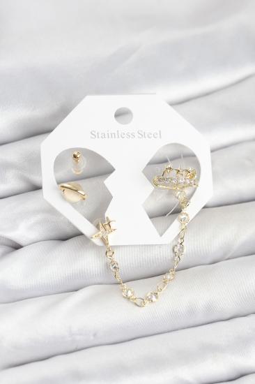 Hkursat Pirinç Gold Renk Uzay Model Zincir Bağlantılı Ear Cuff Küpe Seti